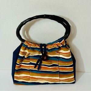 Striped Handmade Multicolor Canvas Bamboo-Handle Women’s Handbag - Beaded Strap